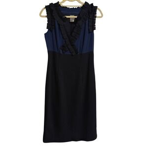 Taylor Womens Navy Blue Black Silk Ruffle Colorblock Sheath Dress Size 4